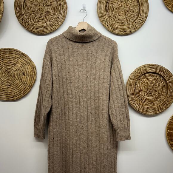MNG MANGO Brown Wool Blend Ribbed Knit Turtleneck Midi Sweater Dress 2 Neutral - Picture 3 of 6
